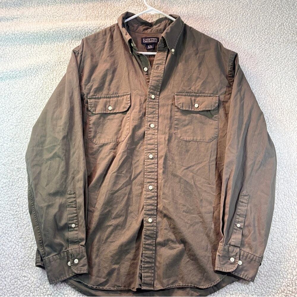 Lands’ End Direct Merchants Heavyweight Cotton Shirt L Brown Made in Hong Kong